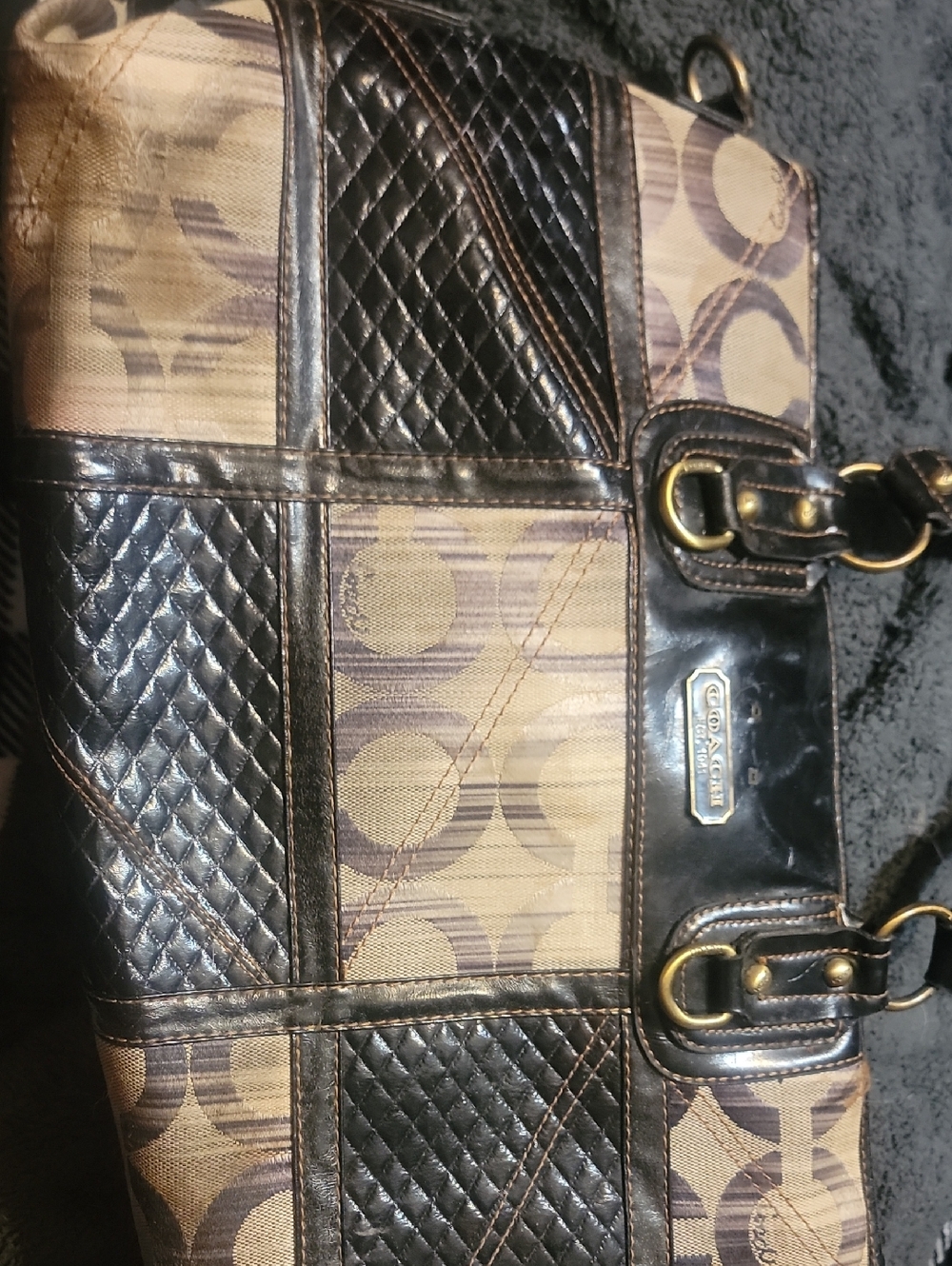 Coach Brown and Black Signature Patchwork Shoulder Bag